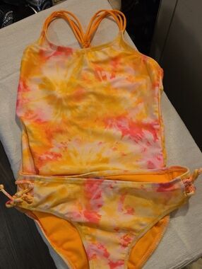 Breaking Waves Girls' Yellow & Pink Tie-Dye Two-Piece Swimsuit Size 12